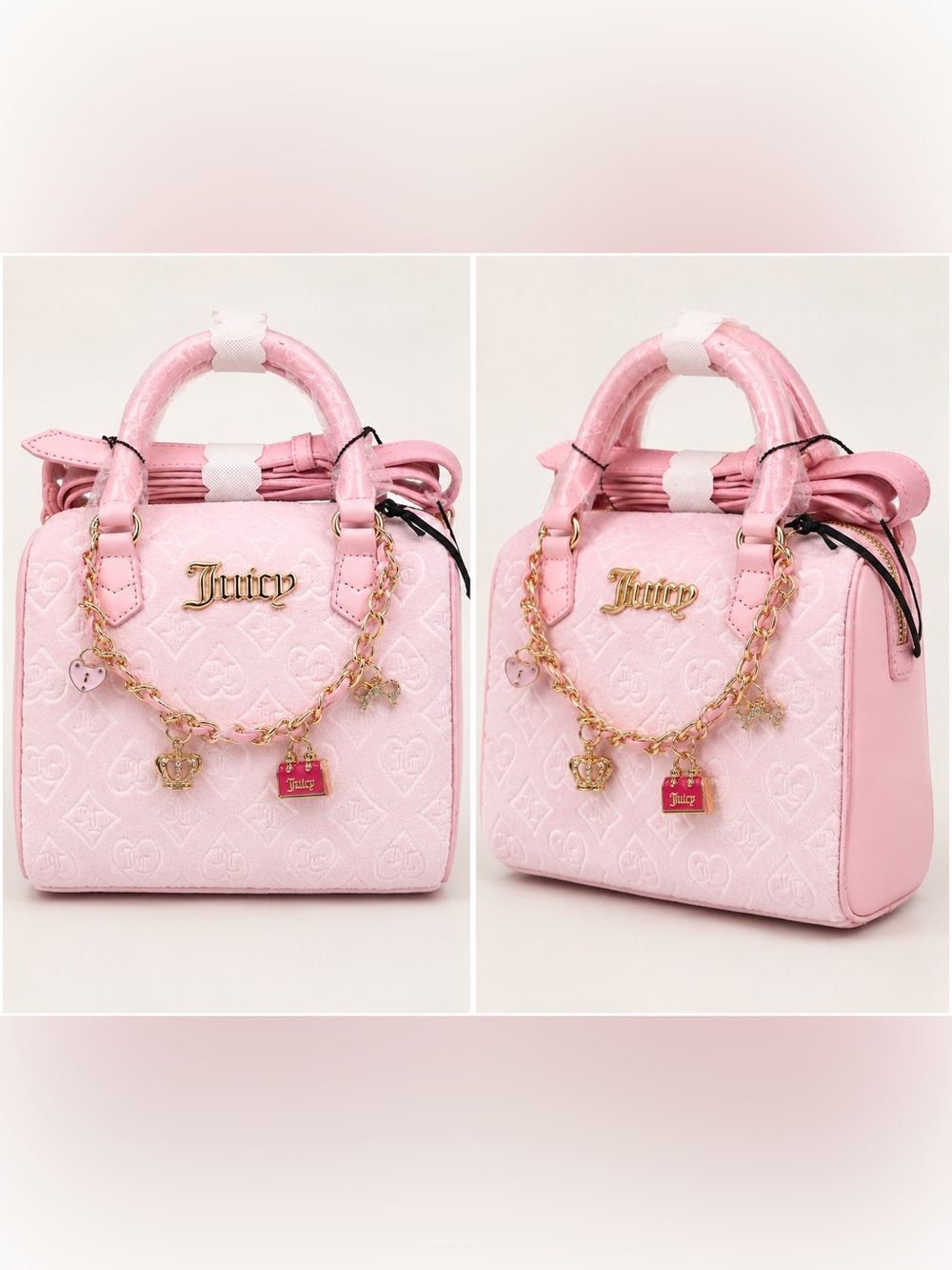 Juicy Couture Light Pink Quilted Charm Satchel with Gold Chain
